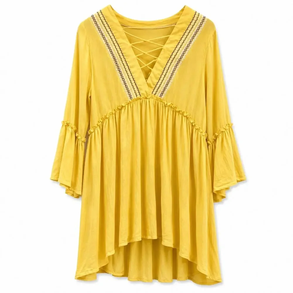 Hazel Embroidered Beach Cover Up Tunic Bell Sleeve Yellow Rayon Women's M NWT